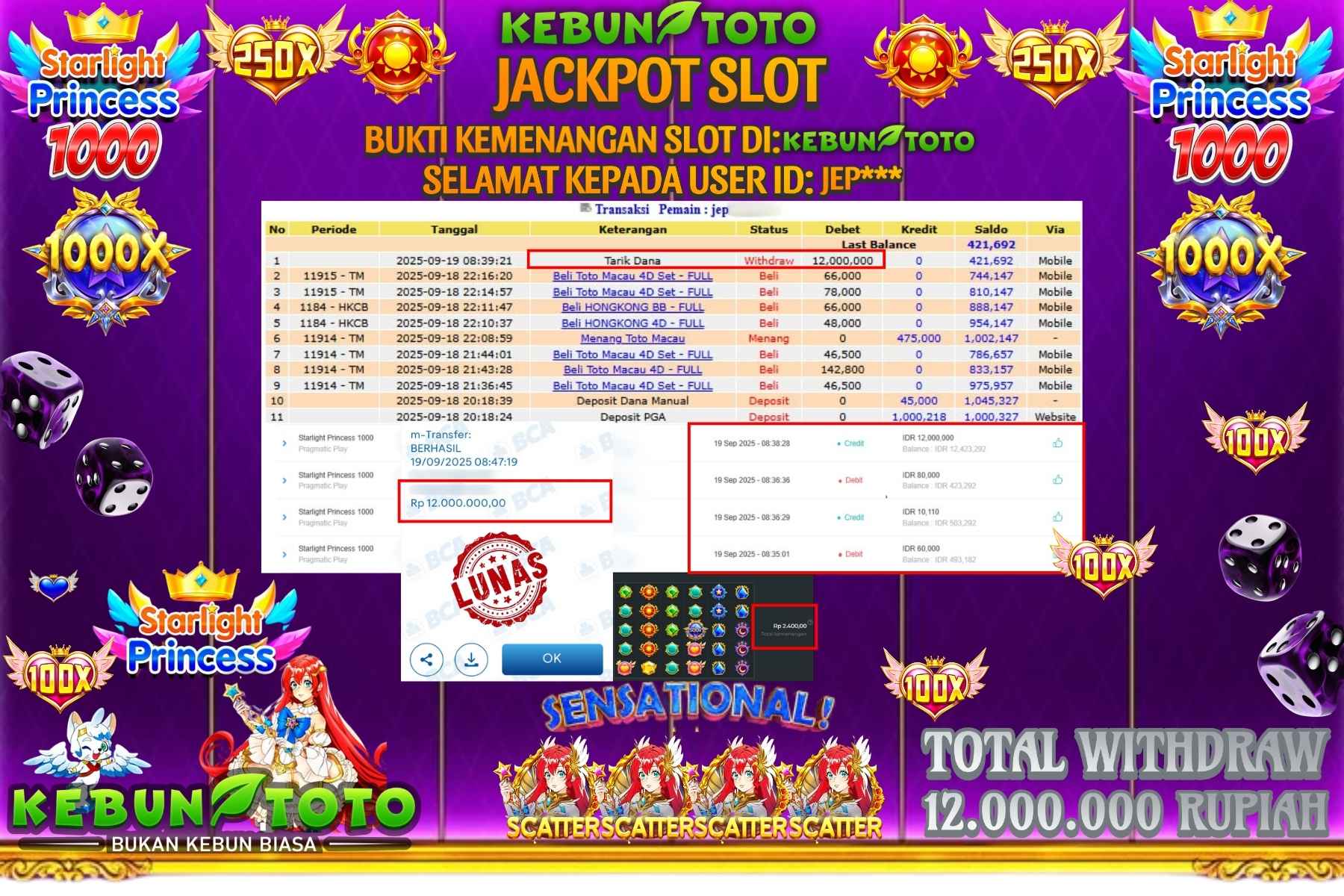 Bukti Kemenangan Rp 12.000.000 SLOT STARLIGHT PRINCESS 1000 di KEBUNTOTO!