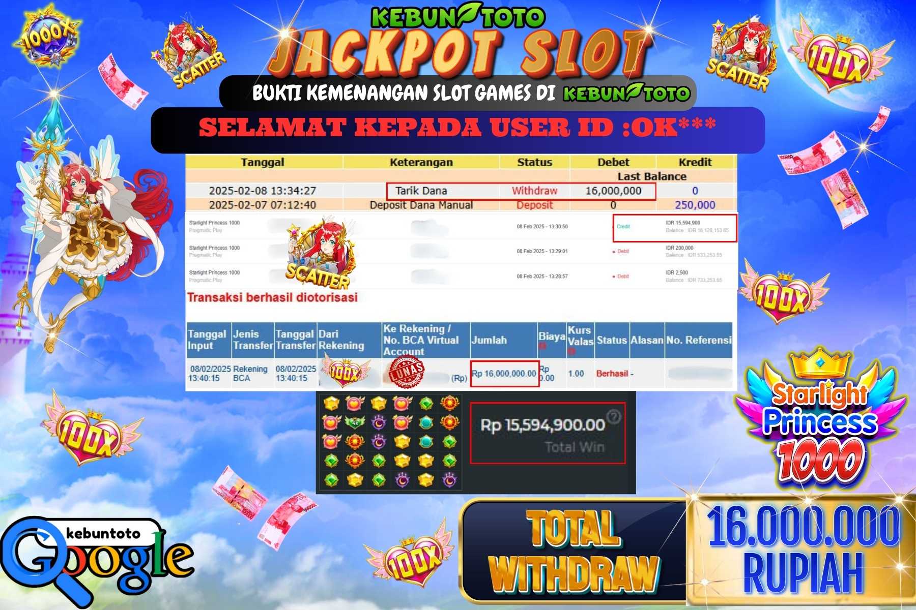 KEBUNTOTO JACKPOT SLOT STARLIGHT PRINCESS 1000 , Sebesar Rp 16.000.000,- LUNAS