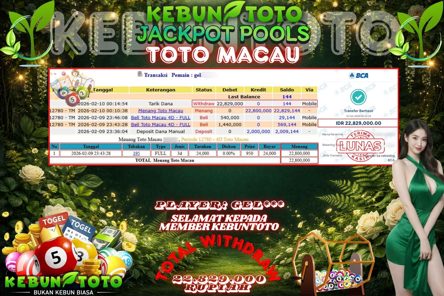 Bukti Kemenangan Rp 22.829.000 TOGEL TOTO MACAU di KEBUNTOTO!