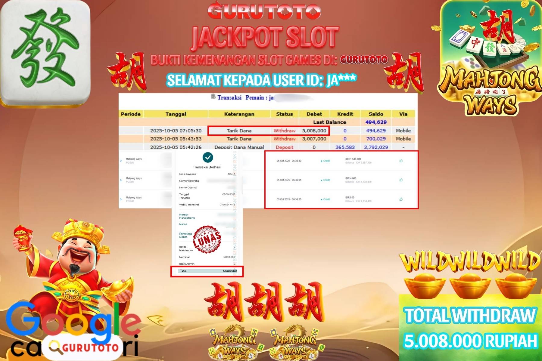 Bukti Kemenangan Rp 5.008.000 SLOT MAHJONG WAYS di GURUTOTO!