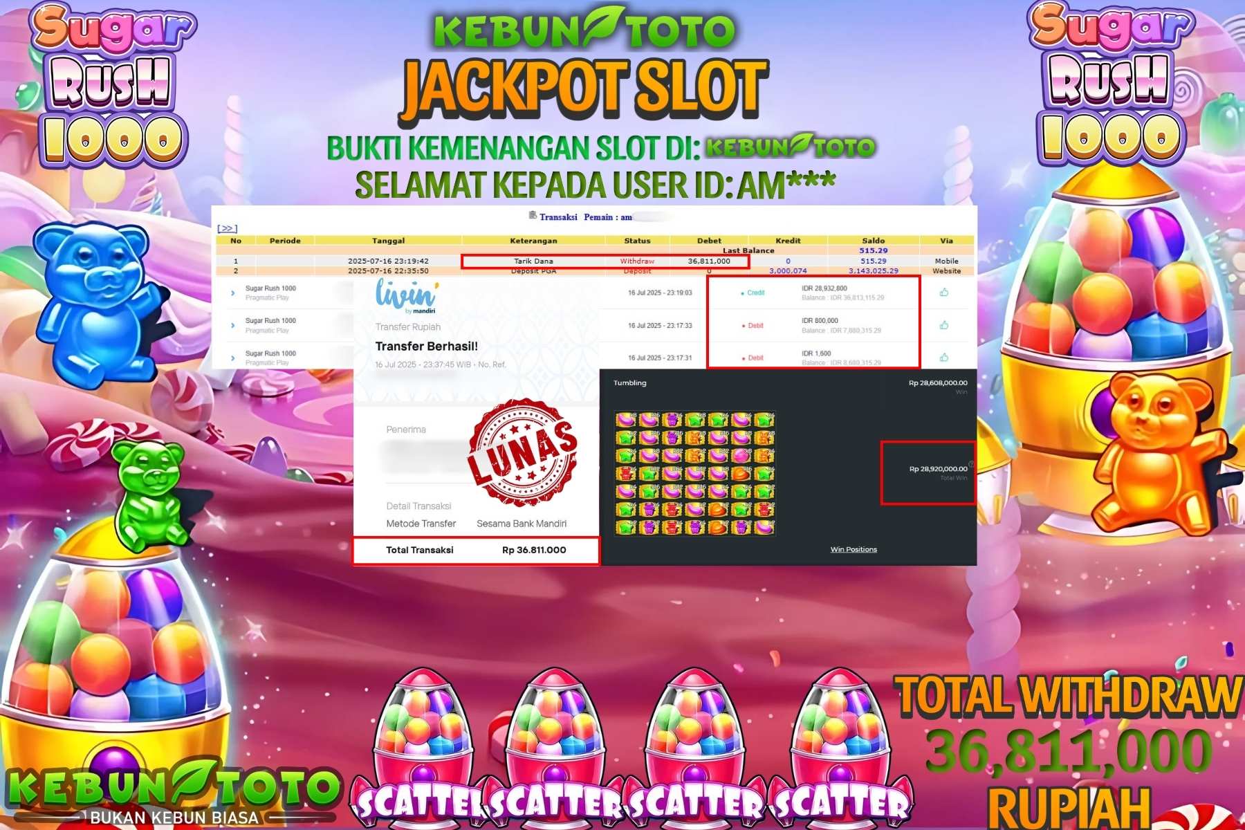 Bukti Kemenangan Rp 36.811.000 SLOT SUGAR RUSH 1000 di KEBUNTOTO!