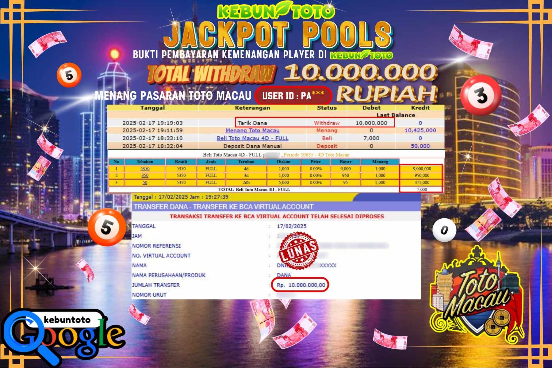 KEBUNTOTO JACKPOT, TOTO MACAU POOLS , Sebesar Rp 10.000.000,- LUNAS