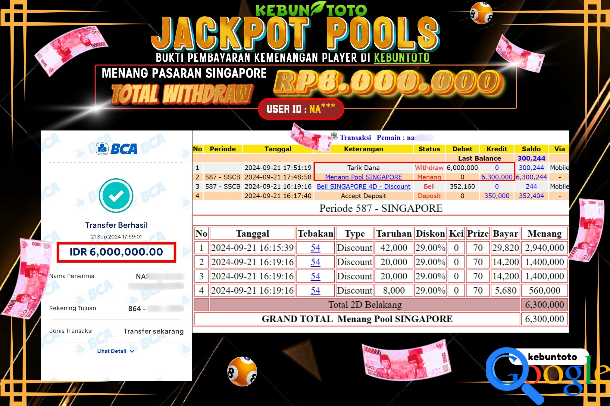 KEBUNTOTO JACKPOT TOGEL PASARAN SINGAPORE Rp.6.000.000,- LUNAS