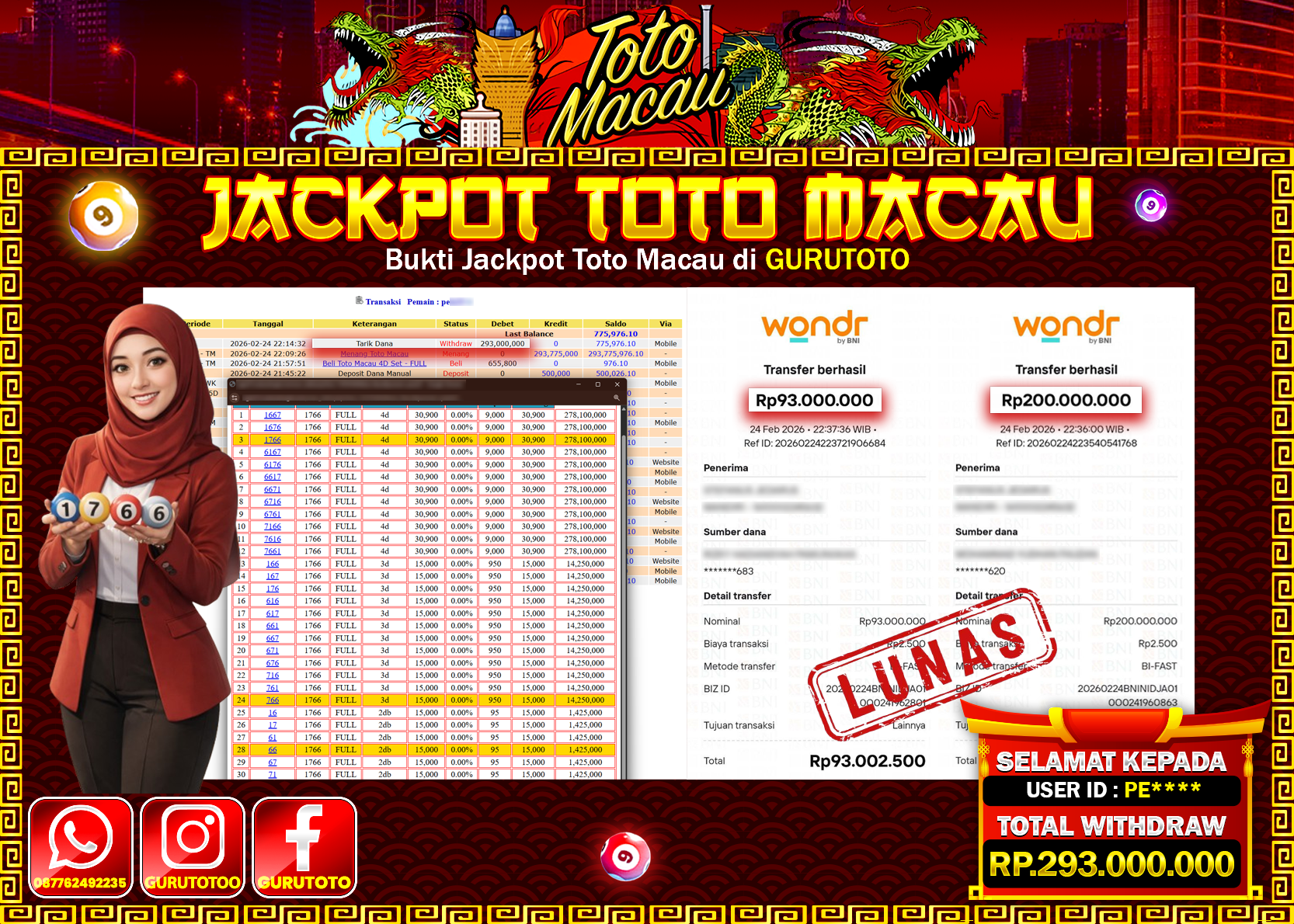 Bukti Kemenangan Rp 293.000.000 TOTO MACAU di GURUTOTO !