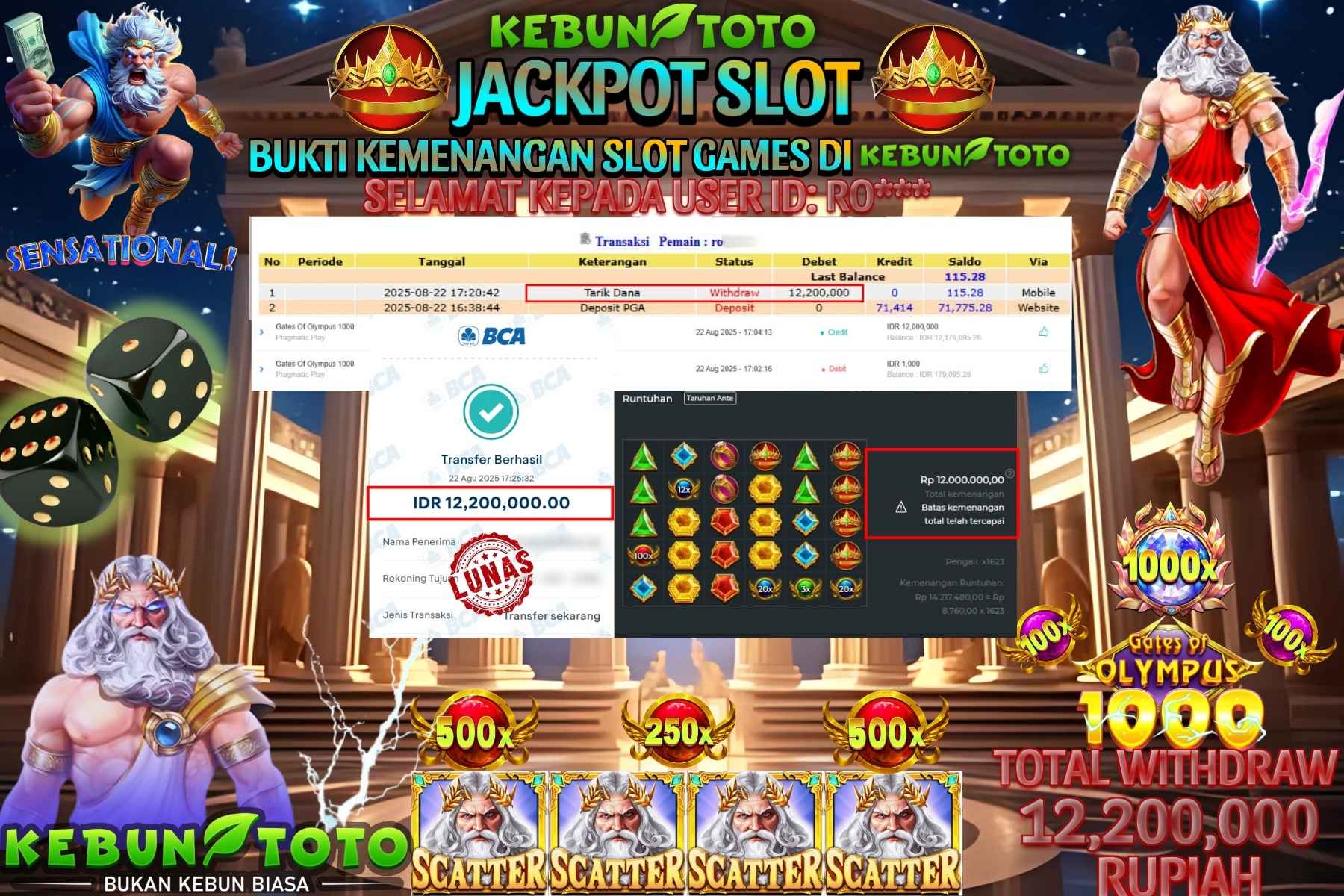 Bukti Kemenangan Rp 12.200.000 SLOT GATES OF OLYMPUS 1000 di KEBUNTOTO!