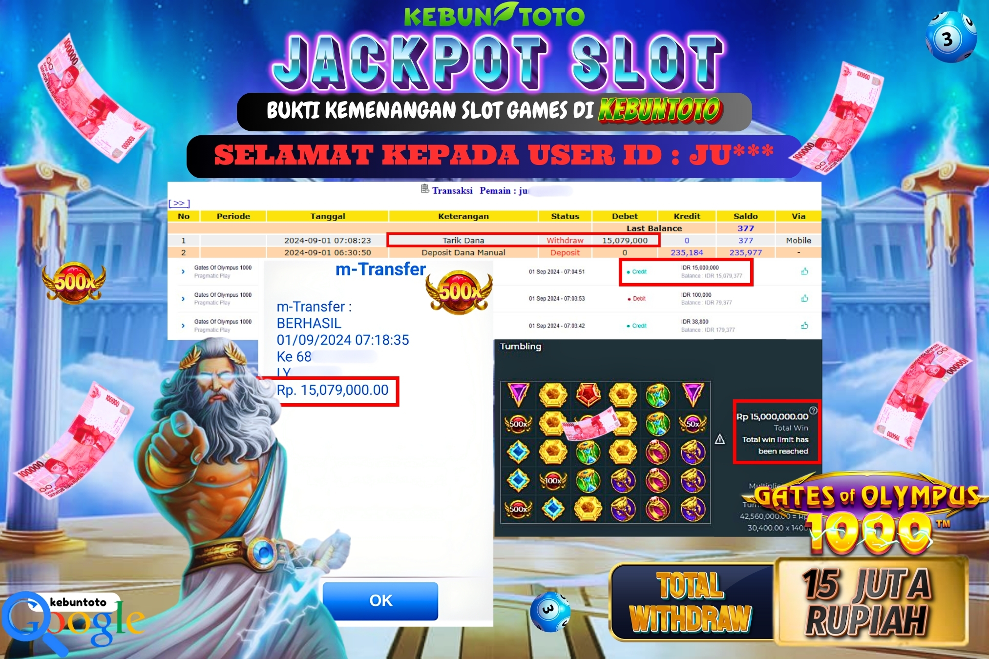 KEBUNTOTO JACKPOT SLOT GATES OF OLYMPUS 1000 Rp.15.079.000,- LUNAS