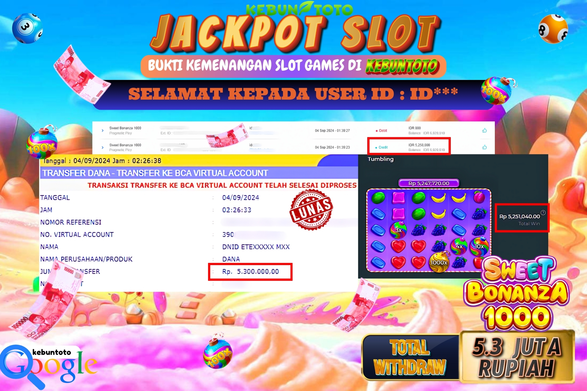 KEBUNTOTO JACKPOT SLOT SWEET BONANZA 1000 Rp.5.300.000,- LUNAS