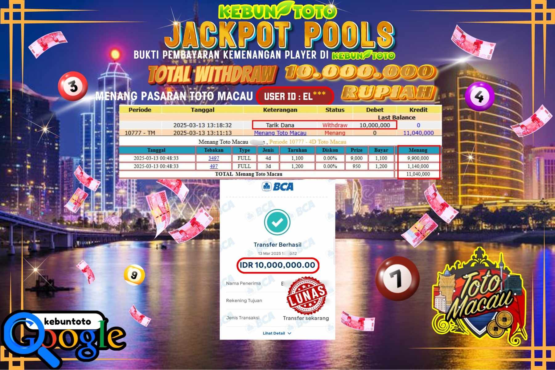 KEBUNTOTO JACKPOT, TOTO MACAU POOLS Sebesar Rp 10.000.000,- LUNAS