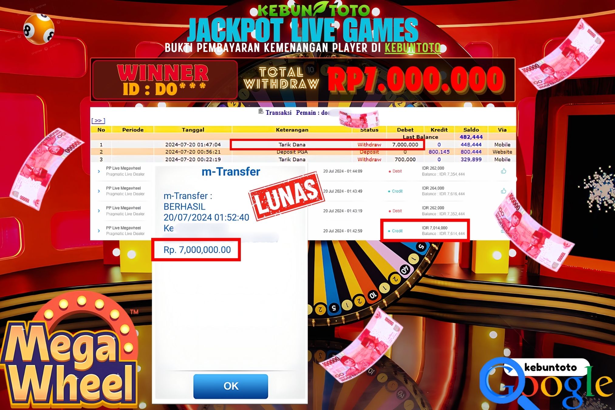 KEBUNTOTO JACKPOT LIVE GAMES MEGAWHEEL Rp.7.000.000,- LUNAS