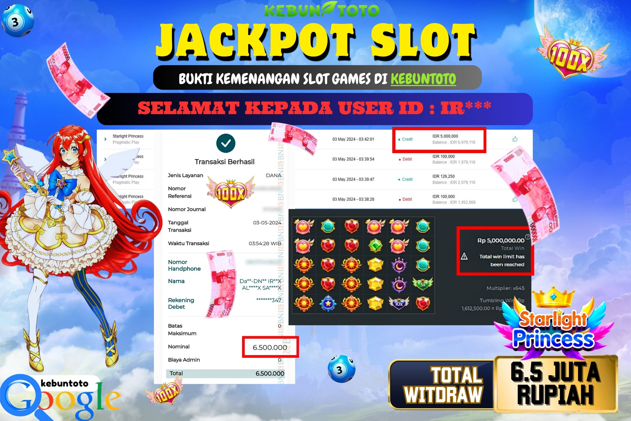 KEBUNTOTO JACKPOT SLOT STARLIGHT PRINCESS Rp.6.500.000,- LUNAS