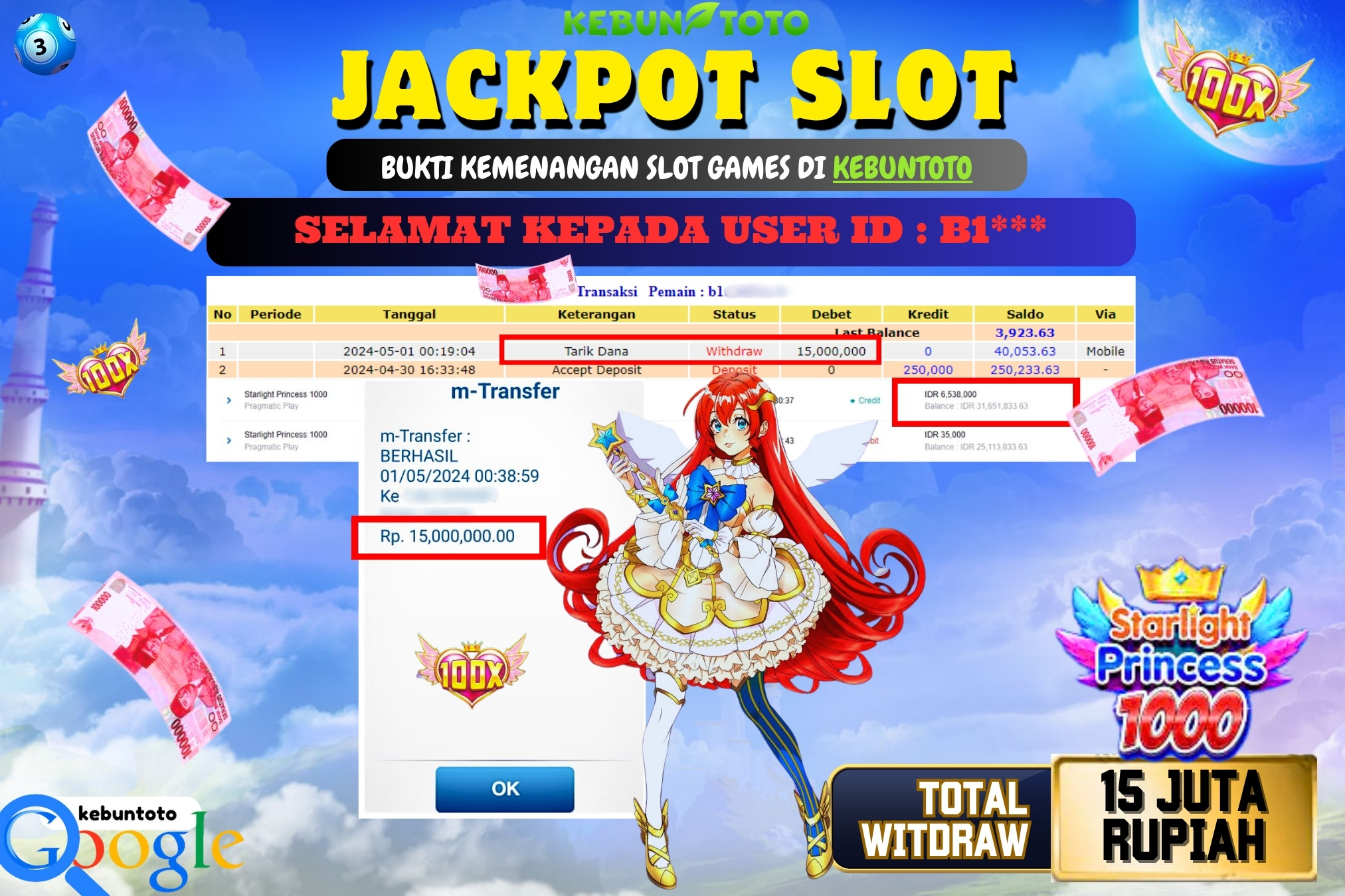 KEBUNTOTO JACKPOT SLOT STARLIGHT PRINCESS 1000 Rp.15.000.000,- LUNAS