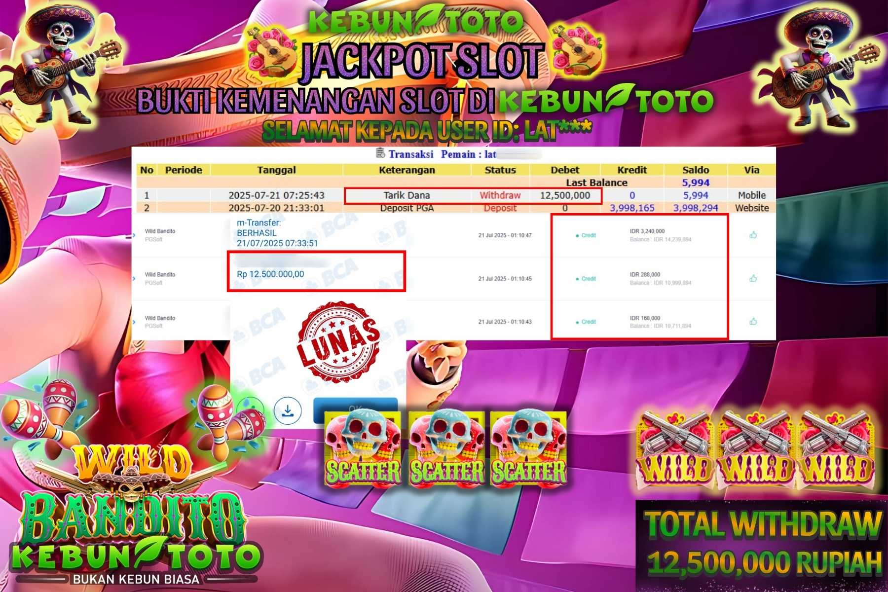 Bukti Kemenangan Rp 12.500.000 SLOT WILD BANDITO di KEBUNTOTO!