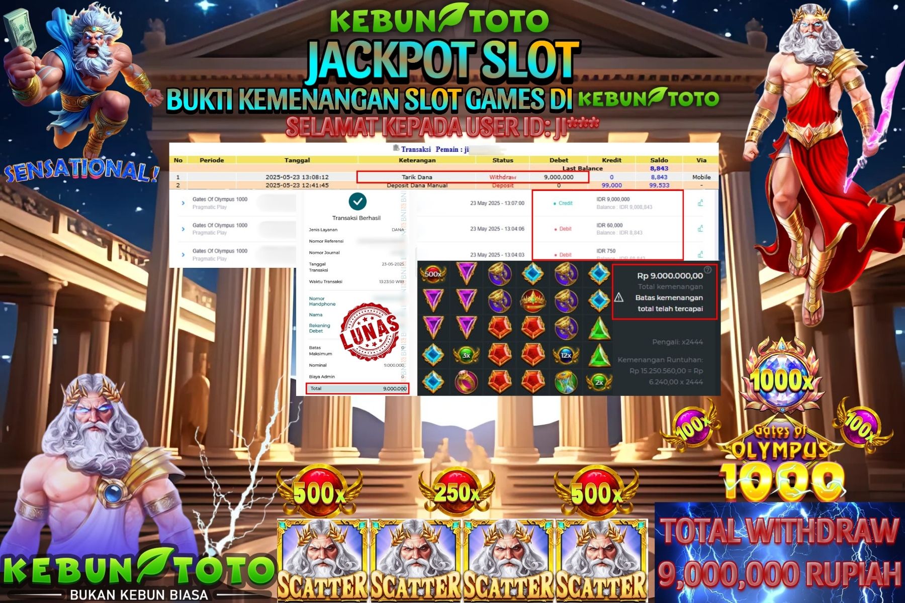 KEBUNTOTO JACKPOT SLOT GATES OF OLYMPUS 1000 Rp 9.000.000 ,- LUNAS