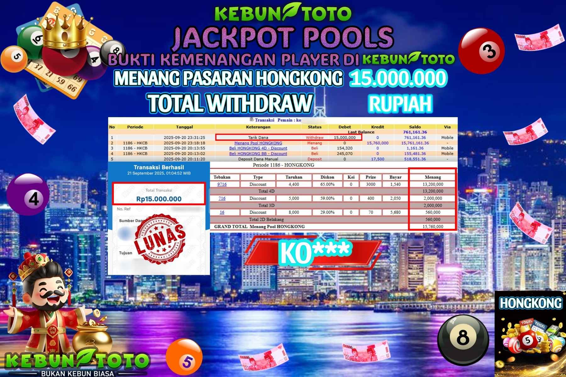 Bukti Kemenangan Rp 15.000.000 TOGEL HONGKONG di KEBUNTOTO!
