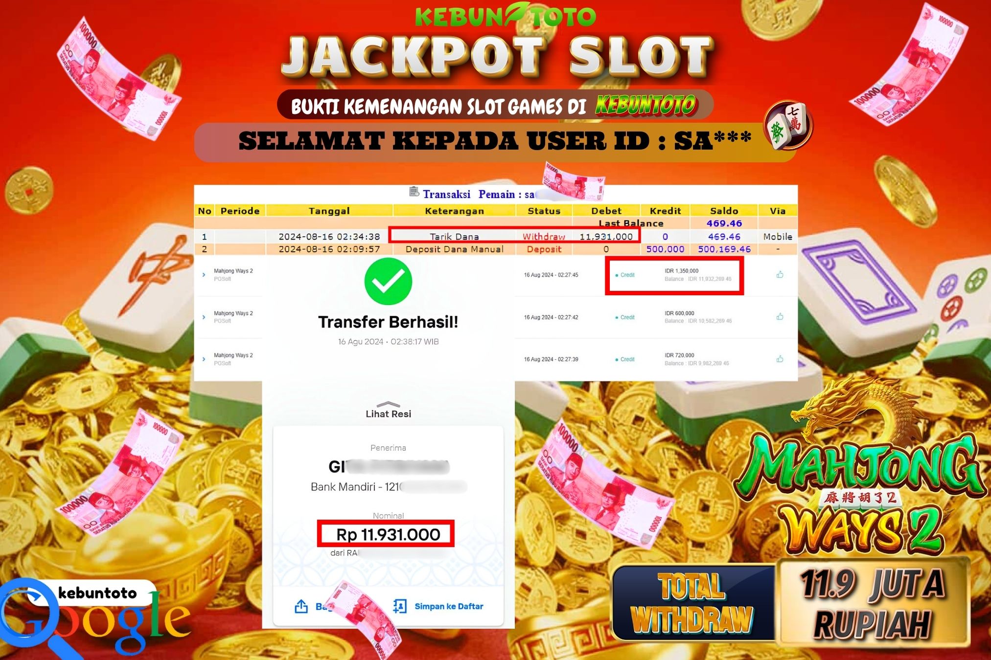 KEBUNTOTO JACKPOT SLOT MAHJONG WAYS 2 Rp.11.931.000,- LUNAS