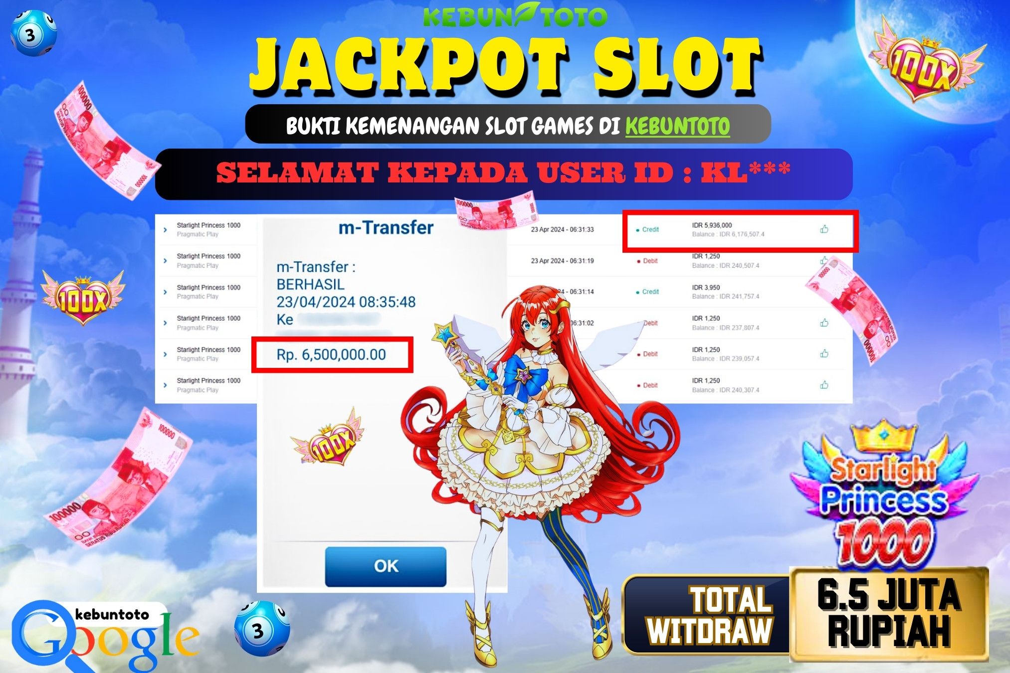 KEBUNTOTO JACKPOT SLOT STARLIGHT PRINCESS 1000 Rp.6.500.000,- LUNAS