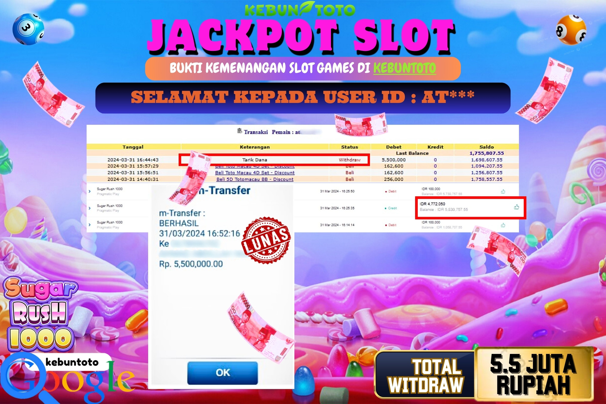 KEBUNTOTO JACKPOT SLOT SUGAR RUSH 1000 Rp.5.500.000,- LUNAS