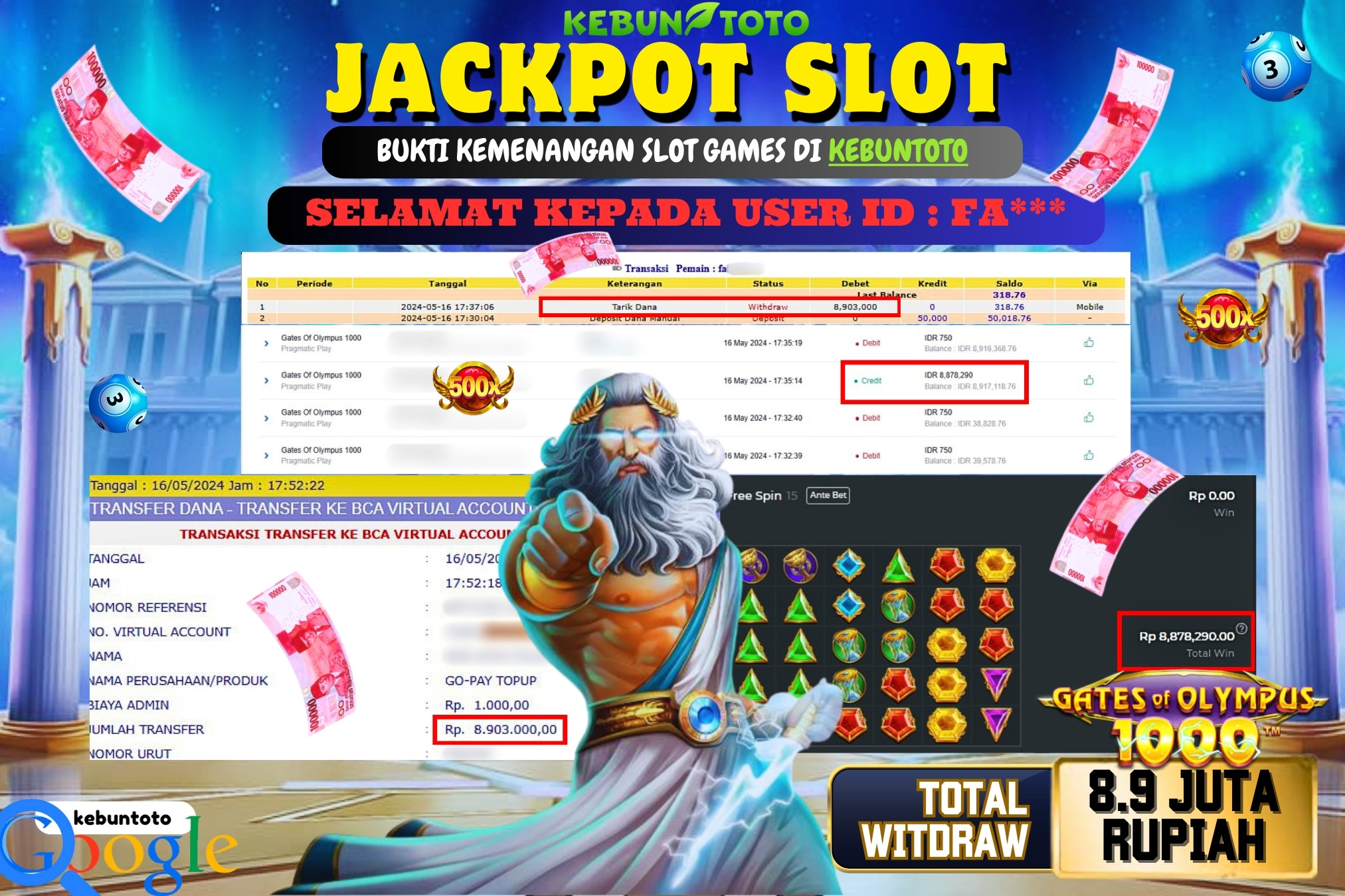 KEBUNTOTO JACKPOT SLOT GATES OF OLYMPUS 1000 Rp.8.903.000,- LUNAS