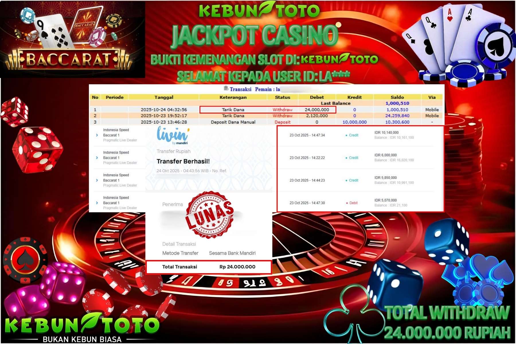 Bukti Kemenangan Rp 24.000.000 CASINO SPEED BACCARAT 1 di KEBUNTOTO!