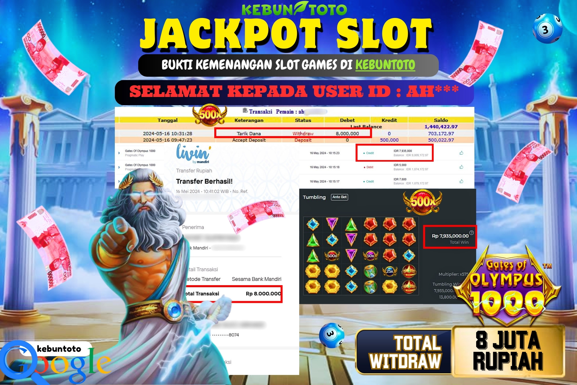KEBUNTOTO JACKPOT SLOT GATES OF OLYMPUS 1000 Rp.8.000.000,- LUNAS