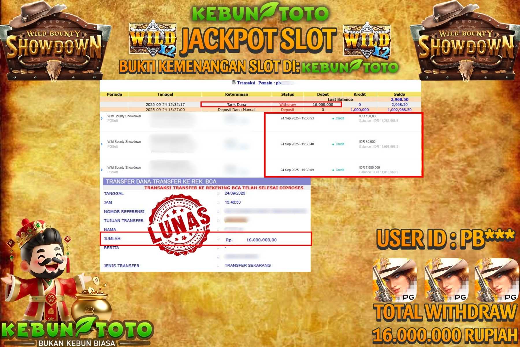 Bukti Kemenangan Rp 16.000.000 SLOT WILD BOUNTY SHOWDOWN di KEBUNTOTO!