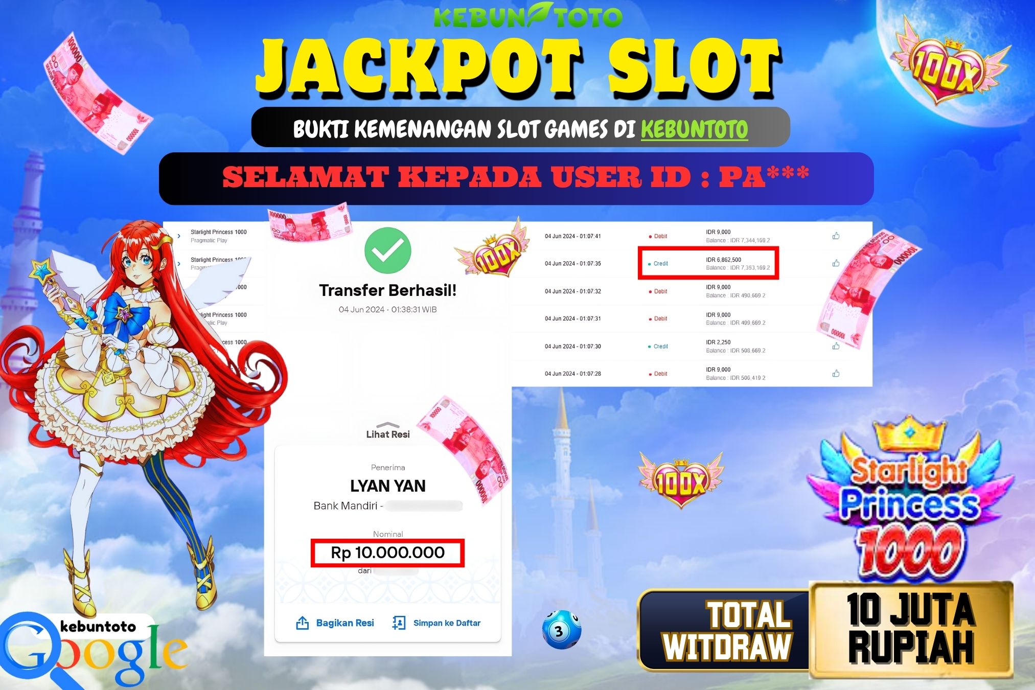 KEBUNTOTO JACKPOT SLOT STARLIGHT PRINCESS 1000 Rp.10.000.000,- LUNAS