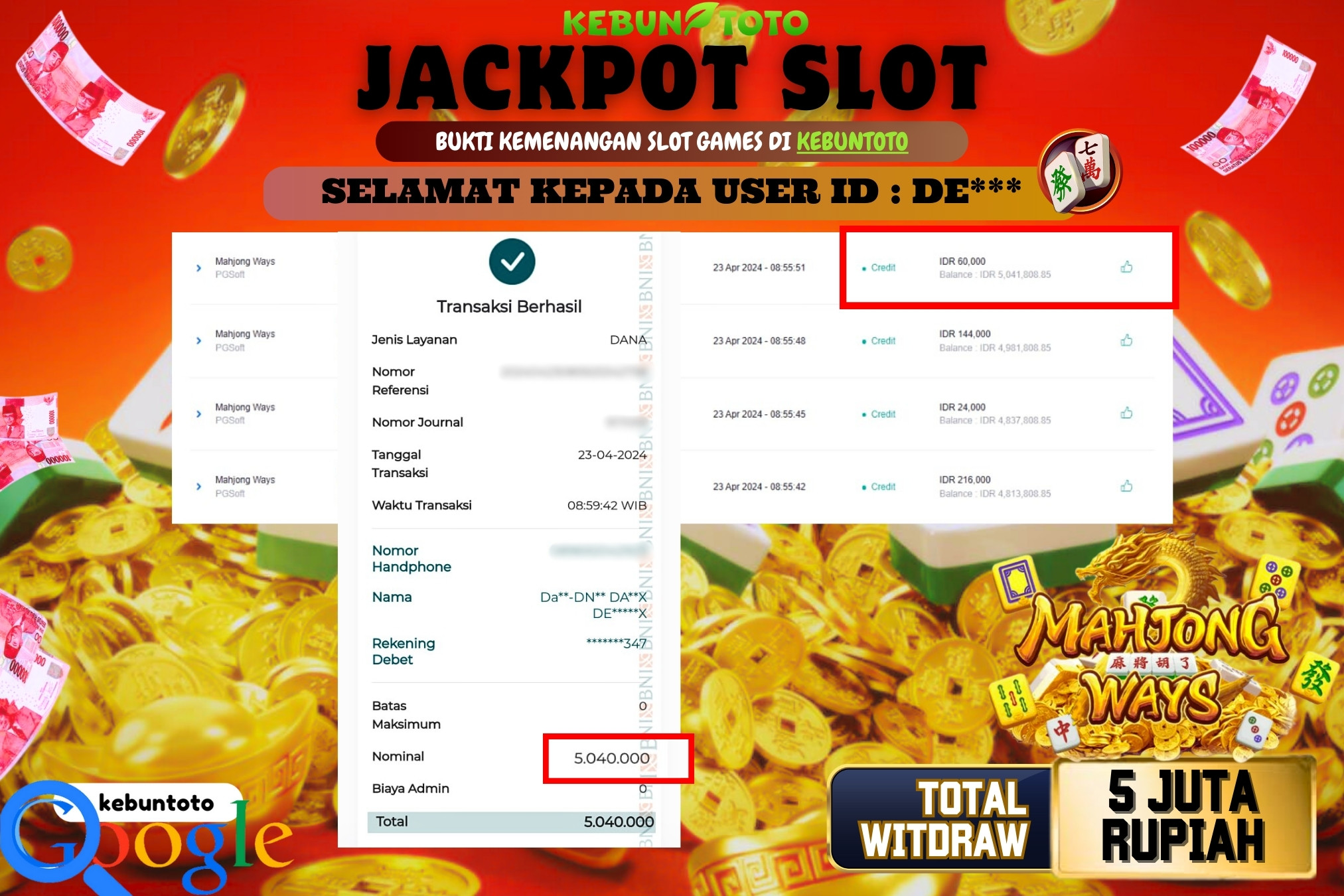 KEBUNTOTO JACKPOT SLOT MAHJONG WAYS 1000 Rp.5.040.000,- LUNAS