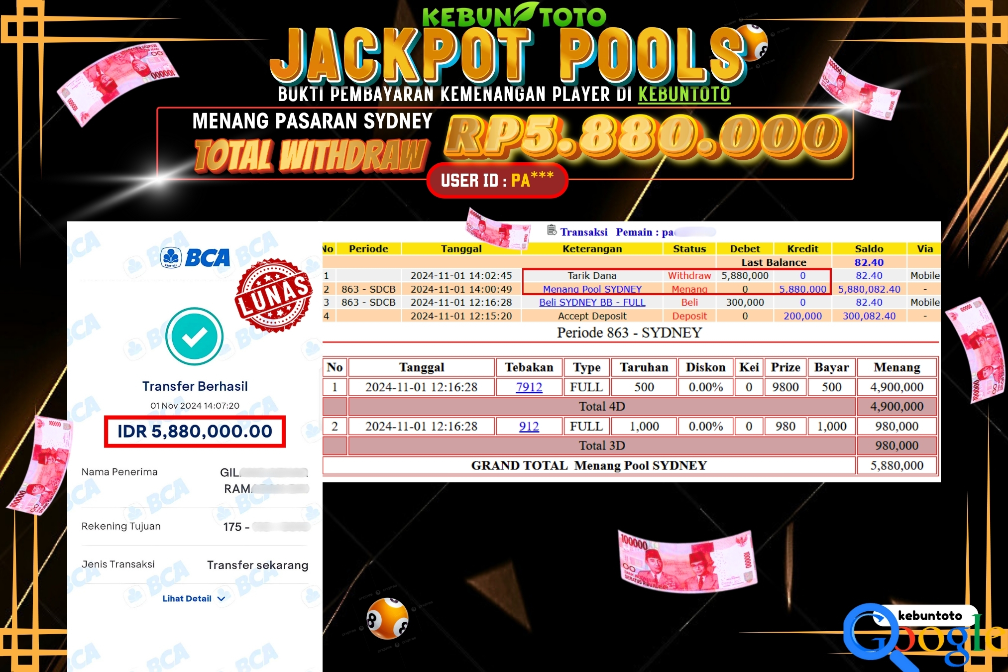 KEBUNTOTO JACKPOT TOGEL PASARAN SYDNEY Rp.5.880.000,- LUNAS