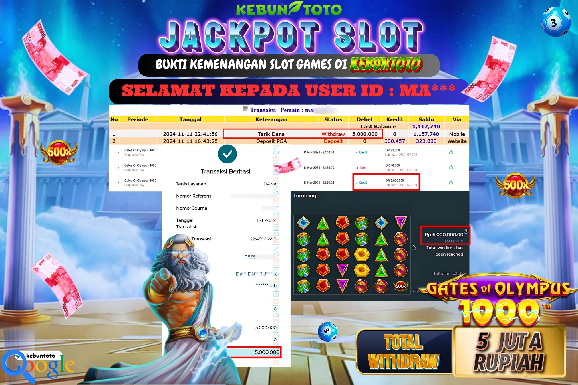 KEBUNTOTO JACKPOT SLOT GATES OF OLYMPUS 1000 Rp.5.000.000,- LUNAS
