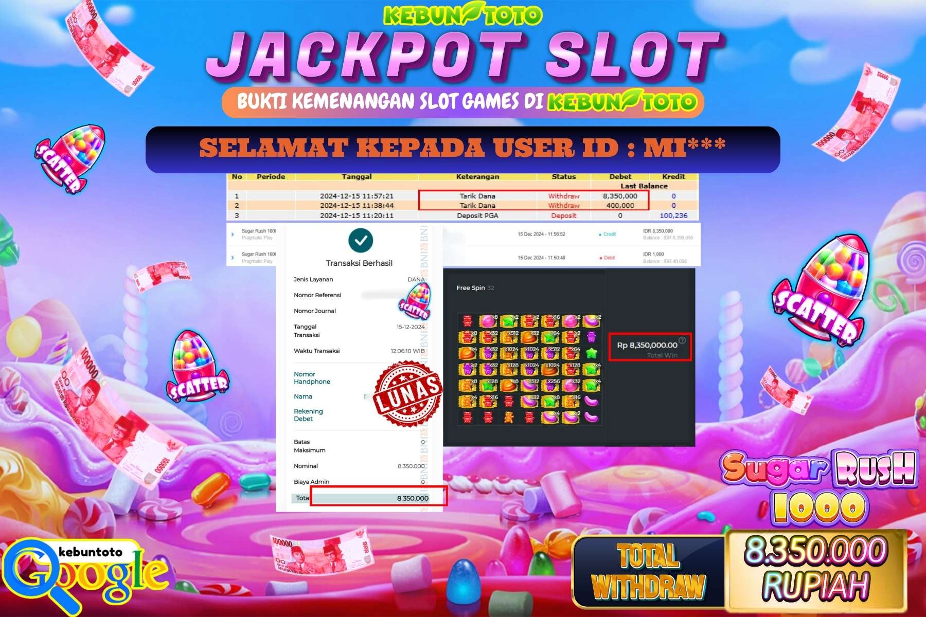 KEBUNTOTO JACKPOT SLOT SUGAR RUSH 1000 , Sebesar Rp.8.350.000,- LUNAS