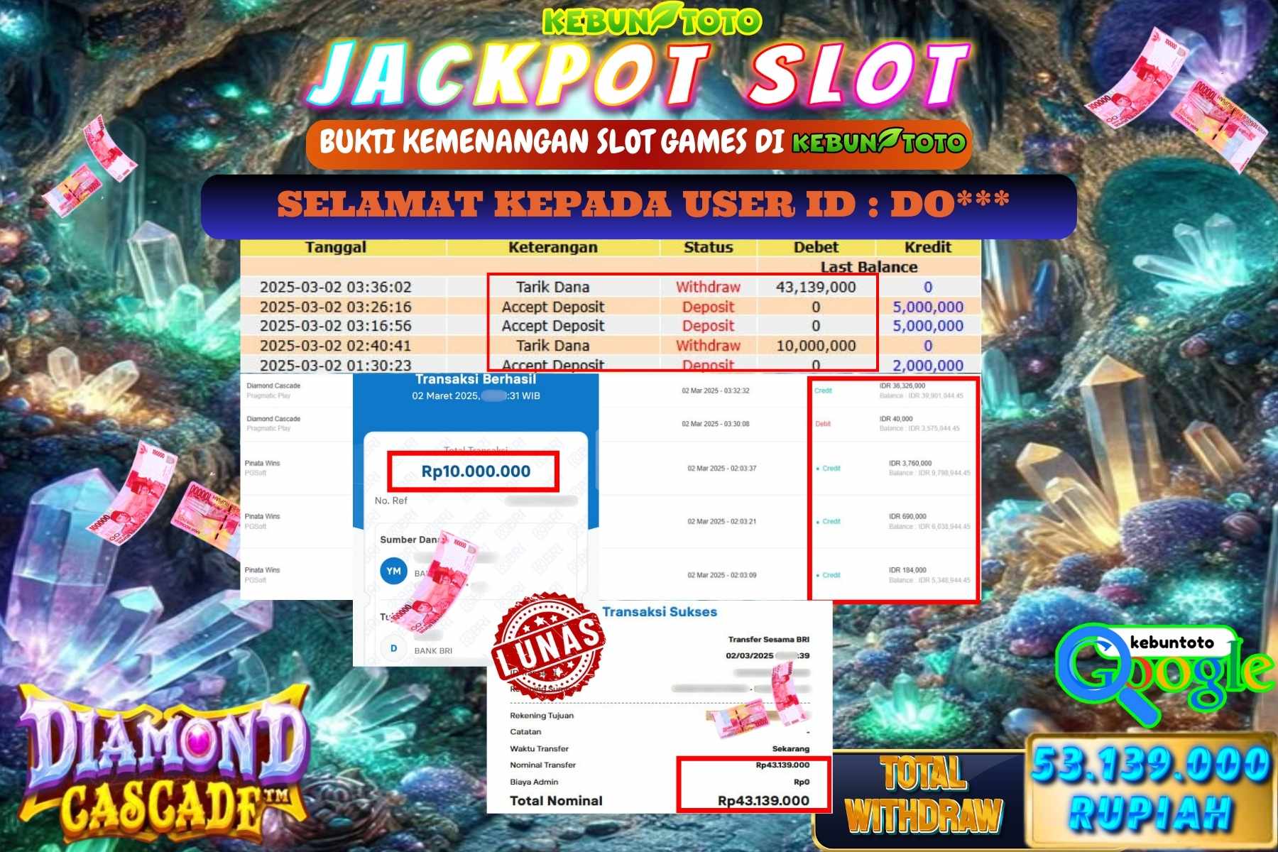 KEBUNTOTO JACKPOT, SLOT DIAMOND CASCADE Sebesar Rp 53.139.000,- LUNAS
