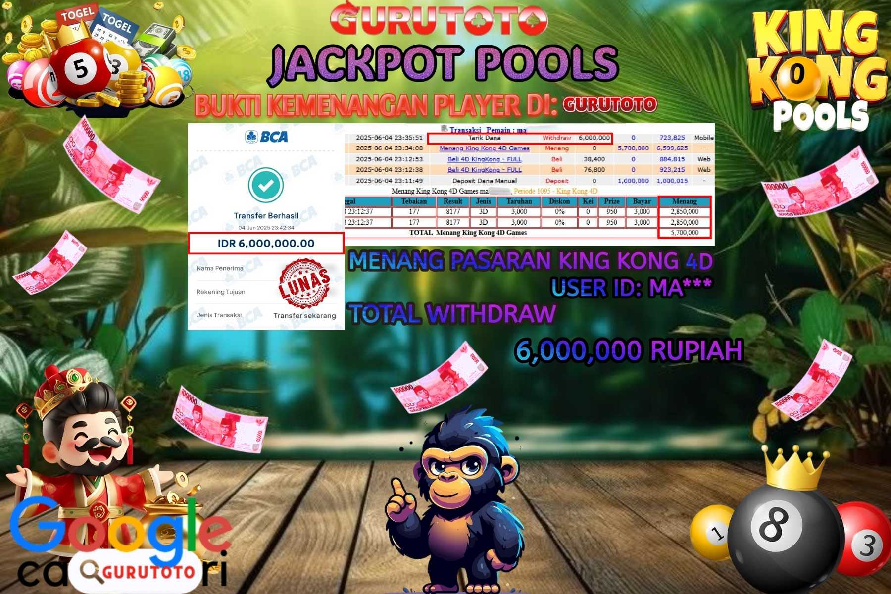 GURUTOTO JACKPOT, TOGEL KINGKONG 4D, Sebesar Rp 6.000.000,- LUNAS