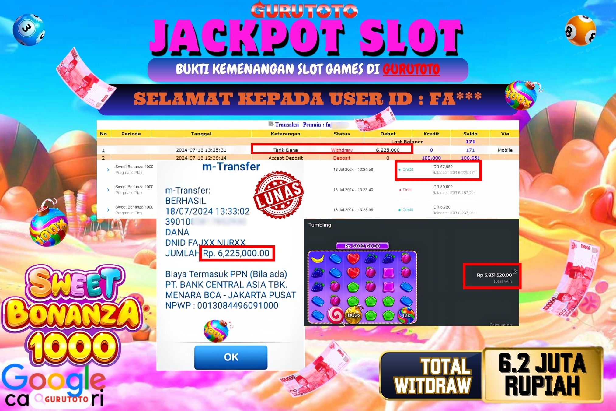 Jackpot Slot Sweet Bonanza 1000 di Gurutoto sebesar Rp.6.200.000 dibayar lunas.