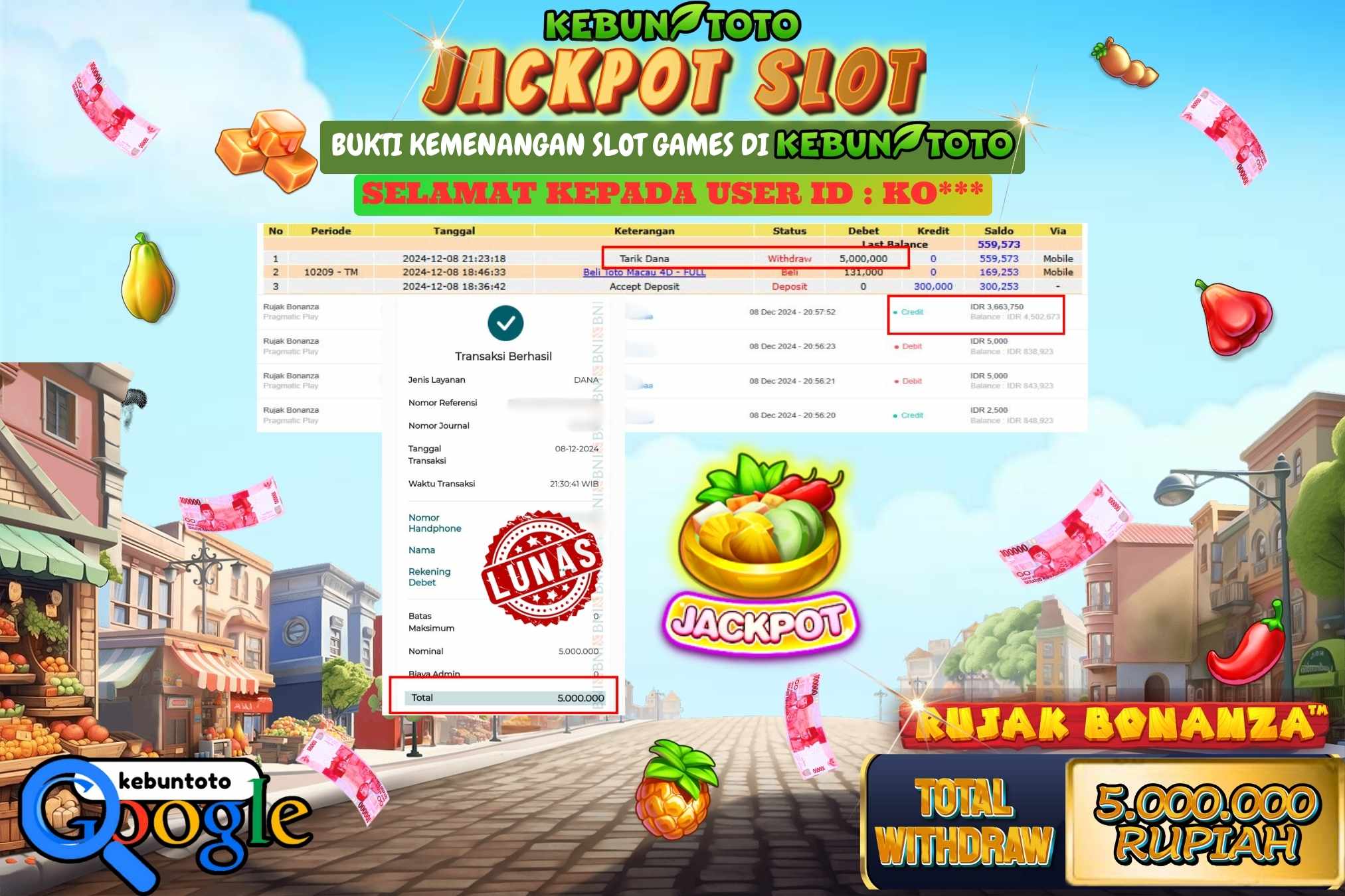 KEBUNTOTO JACKPOT SLOT RUJAK BONANZA  , Sebesar Rp.5.000.000,- LUNAS