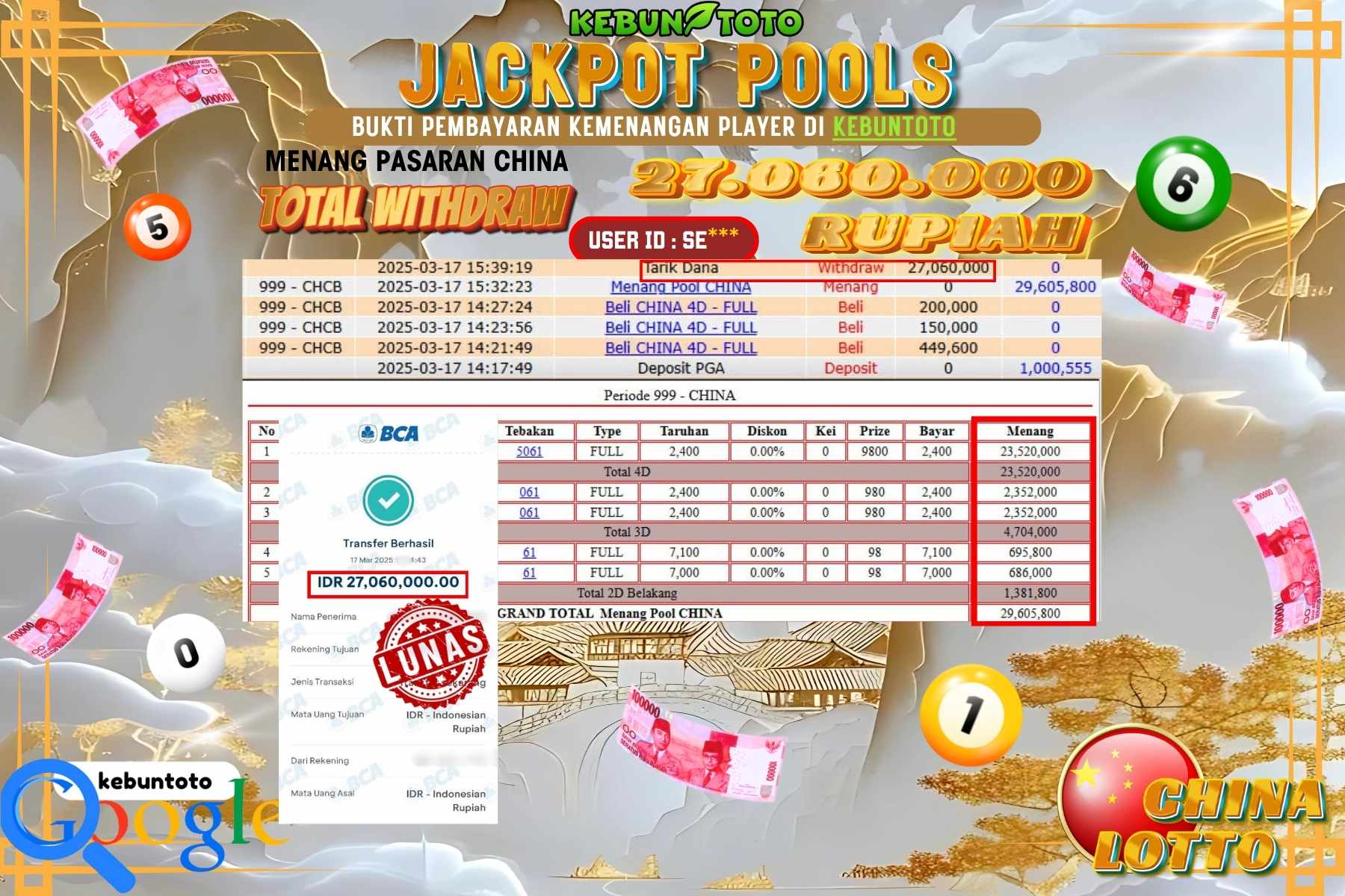 KEBUNTOTO JACKPOT, TOTO CHINA POOLS Sebesar Rp 27.060.000,- LUNAS