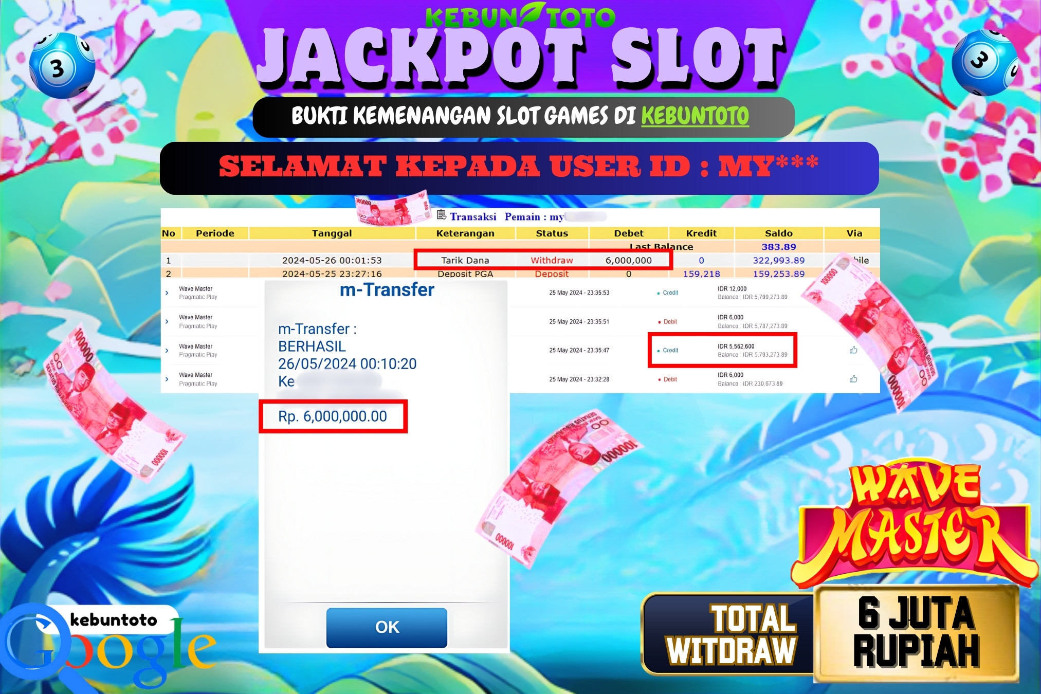 KEBUNTOTO JACKPOT SLOT WAVE MASTER Rp.6.000.000,- LUNAS