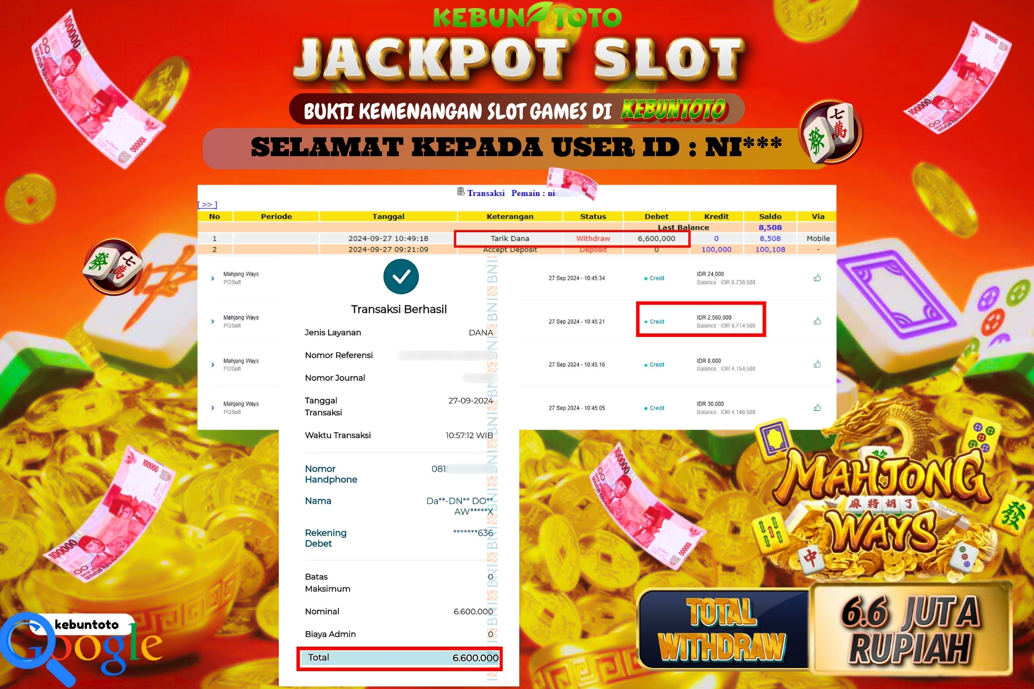 KEBUNTOTO JACKPOT SLOT MAHJONG WAYS Rp.6.600.000,- LUNAS