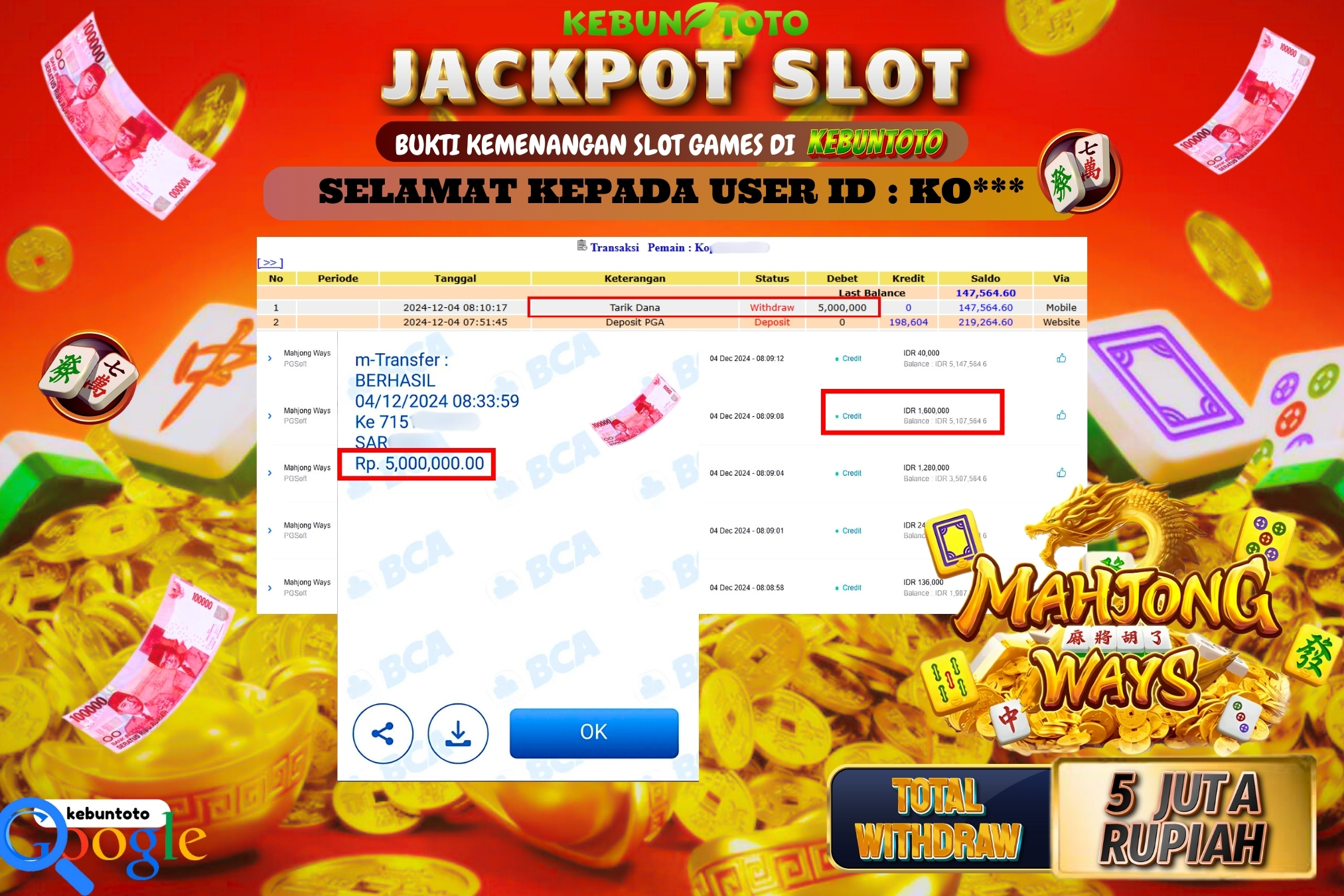 KEBUNTOTO JACKPOT SLOT MAHJONG WAYS Rp.5.000.000,- LUNAS