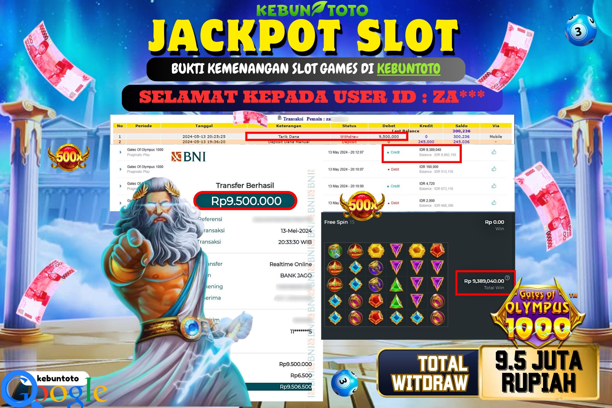 KEBUNTOTO JACKPOT SLOT GATES OF OLYMPUS 1000 Rp.9.500.000,- LUNAS
