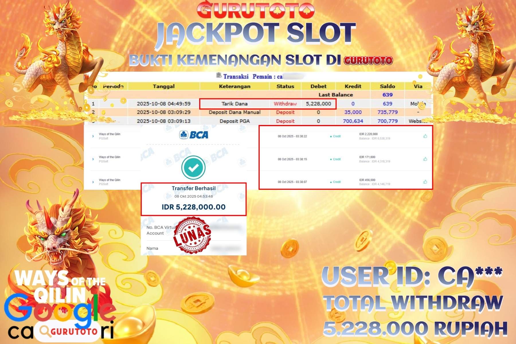 Bukti Kemenangan Rp 5.228.000 SLOT WAYS OF THE QILIN di GURUTOTO!