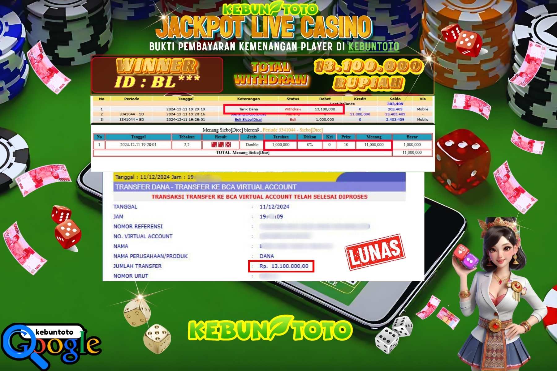 KEBUNTOTO LIVE CASINO GAME SICBO DICE , Sebesar Rp.13.100.000,- LUNAS