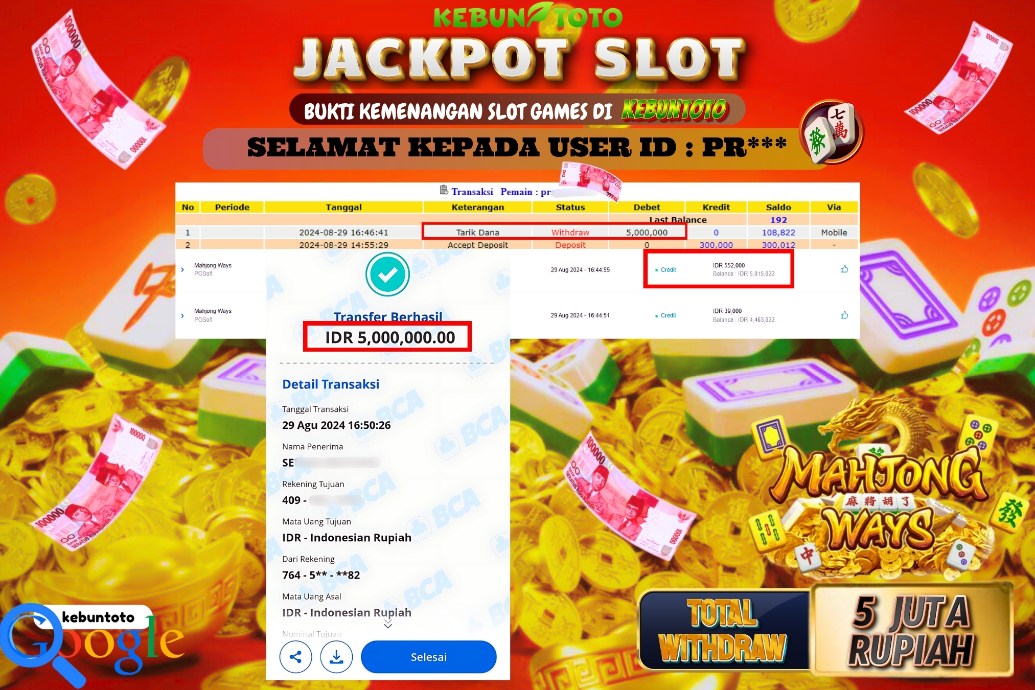 KEBUNTOTO JACKPOT SLOT MAHJONG WAYS Rp.5.000.000,- LUNAS