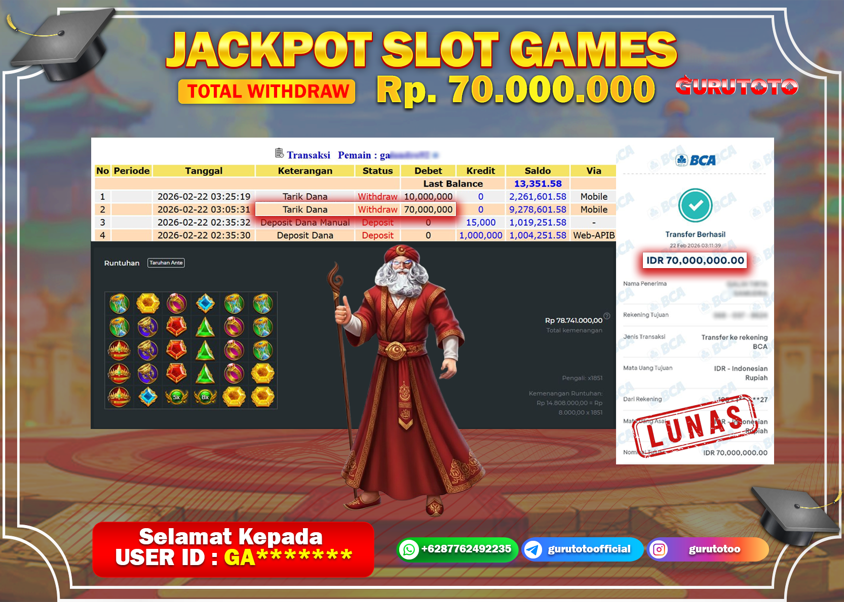 Bukti Kemenangan Rp 70.000.000 GATES OF OLYMPUS di GURUTOTO !