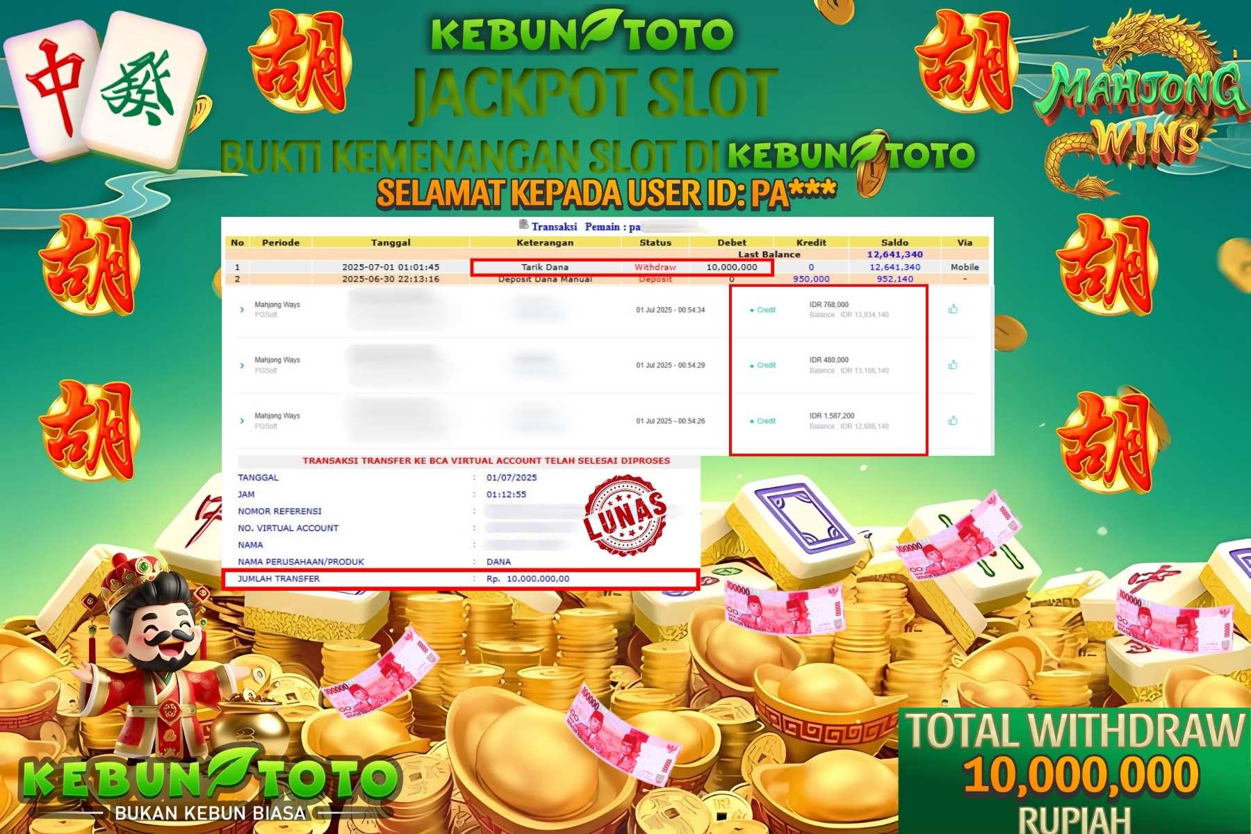Bukti Kemenangan Rp 10.000.000 SLOT MAHJONG WAYS  di KEBUNTOTO!