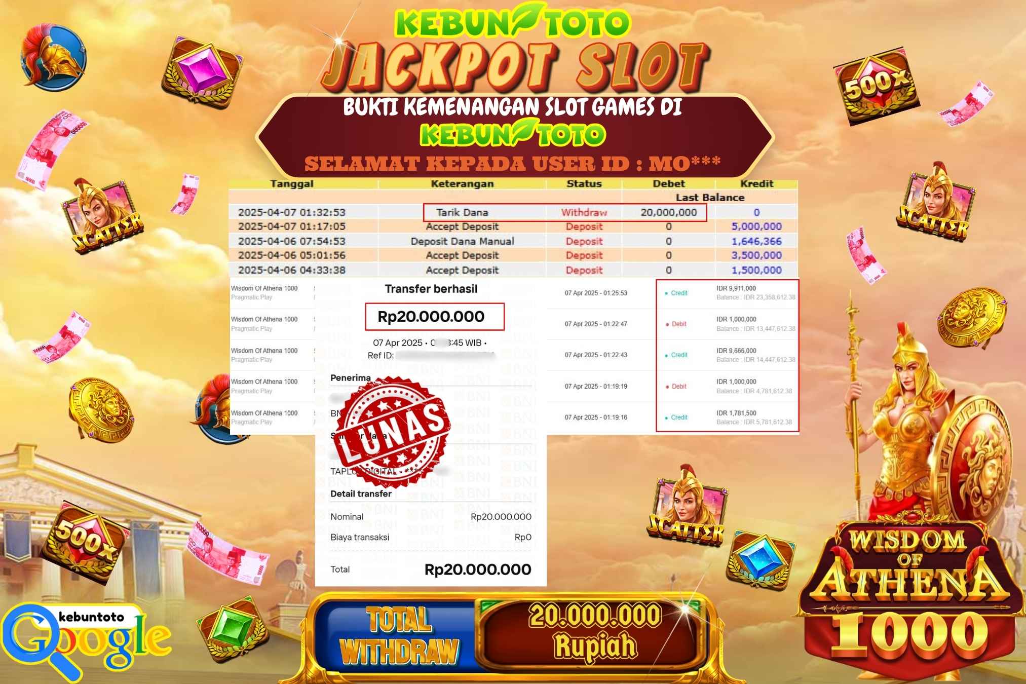 KEBUNTOTO JACKPOT, SLOT WISDOM OF ATHENA 1000 Rp 20.000.000,- LUNAS