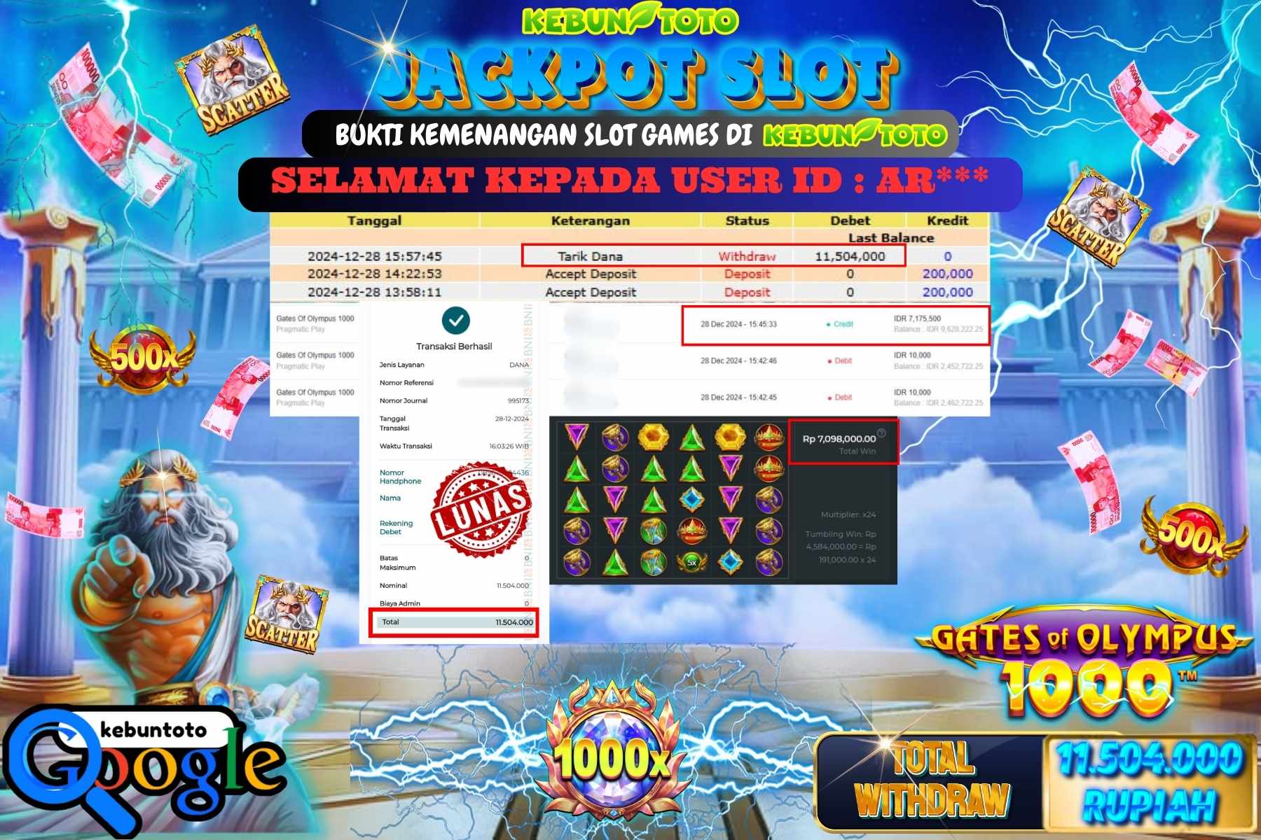 KEBUNTOTO JACKPOT SLOT GATES OF OLYMPUS 1000 , Sebesar Rp.11.504.000,- LUNAS