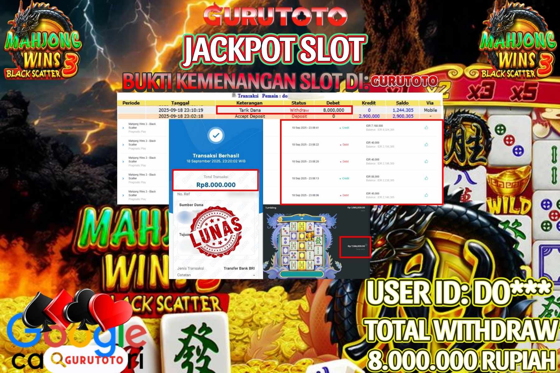 Bukti Kemenangan Rp 8.000.000 SLOT MAHJONG WINS 3 BLACK SCATTER di GURUTOTO!