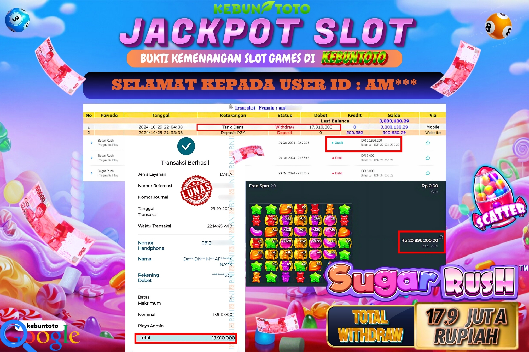 KEBUNTOTO JACKPOT SLOT SUGAR RUSH Rp.17.910.000,- LUNAS
