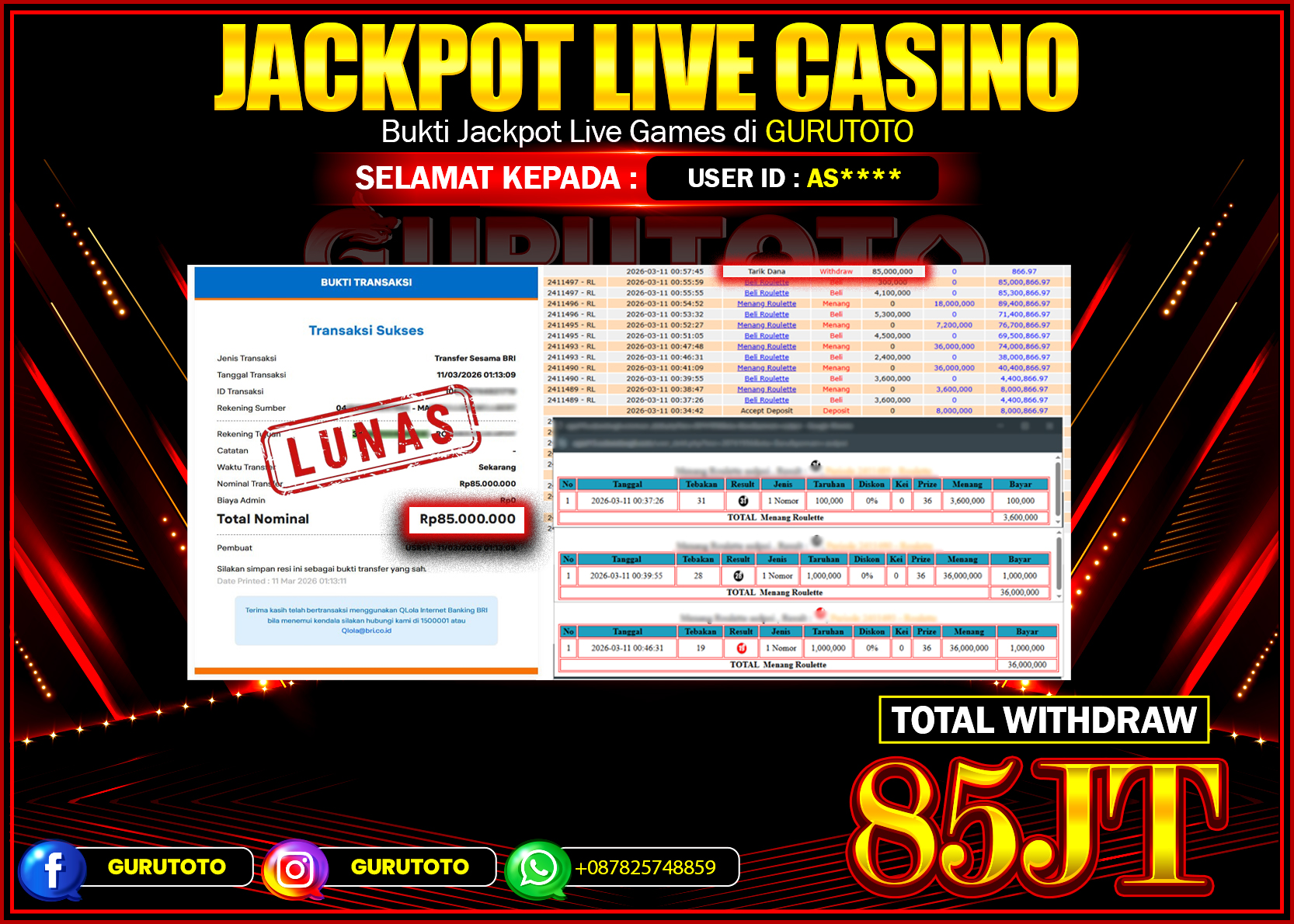 Bukti Kemenangan Rp 85.000.000 LIVE CASINO ROULETTE di GURUTOTO !
