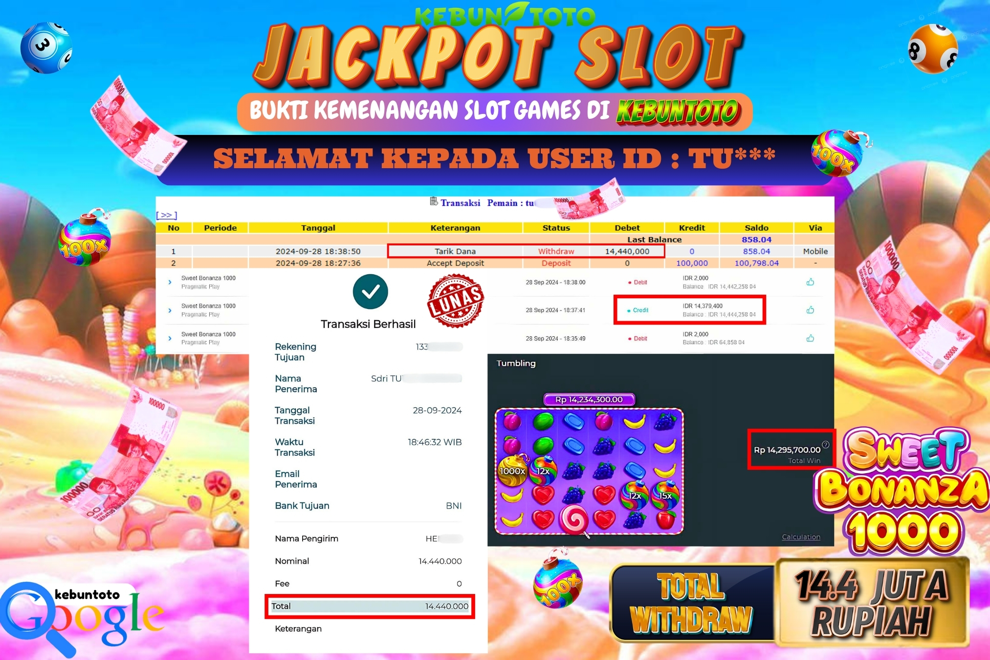 KEBUNTOTO JACKPOT SLOT SWEET BONANZA 1000 Rp.14.440.000,- LUNAS